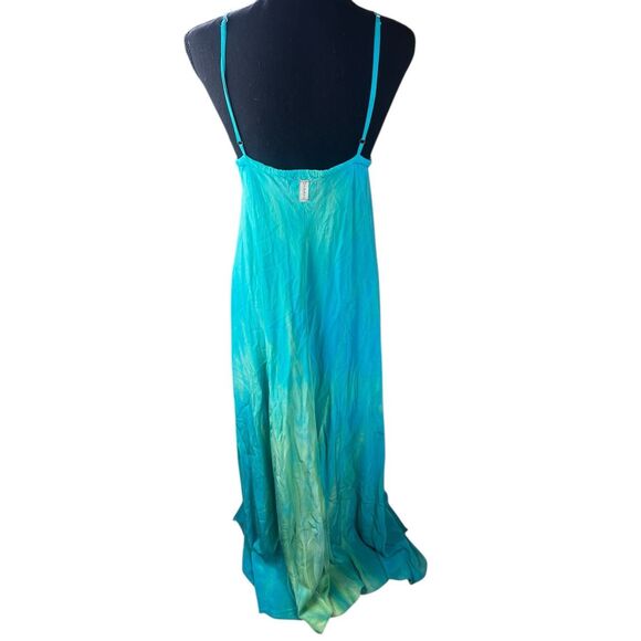 Gypsy05 XS blue green100% silk hand tie dyed empire waist boho maxi dress beach - Picture 2 of 11